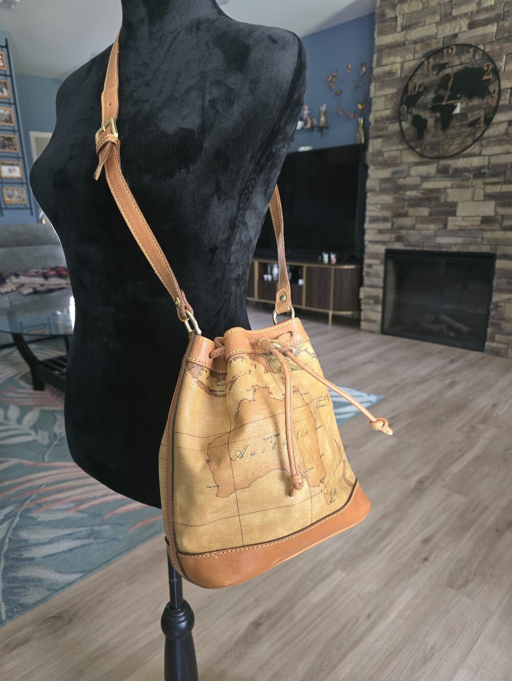 Authentic Alviero Martini Classic Tan Map-Print Bucket Bag